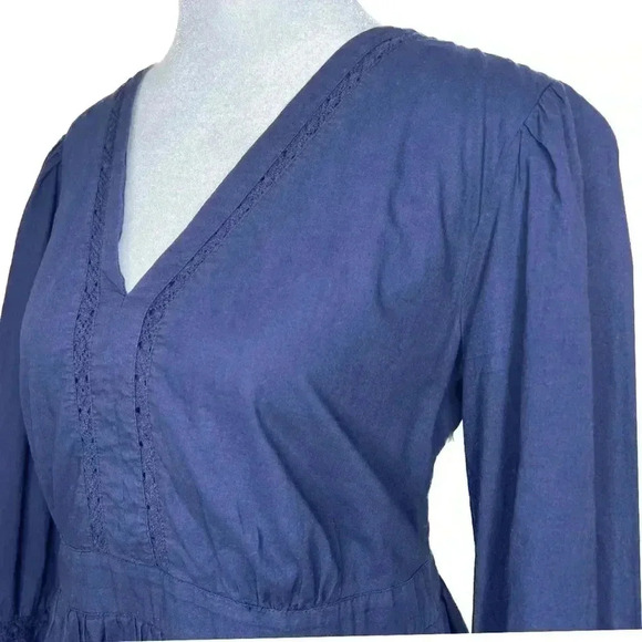 J. Crew Navy 100% Cotton V-Neck 3/4 Sleeve Crochet Trim Mini Dress XXS - Picture 9 of 10